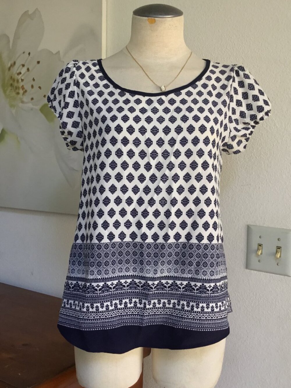 TOGETHER CLOTHING Casual Printed Top Blouse Short Sleeve Hemline Blue S